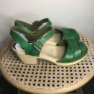 Swedish Hasbeens Green Leather Mules
